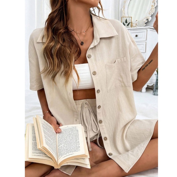 2 Piece Set: Beige Button Down Shirt and Shorts - Picture 2 of 7